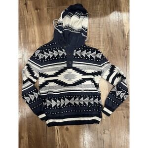 American Eagle Nordic Blue Hoodie Henley Ski Sweater Snowflake Design Men's S